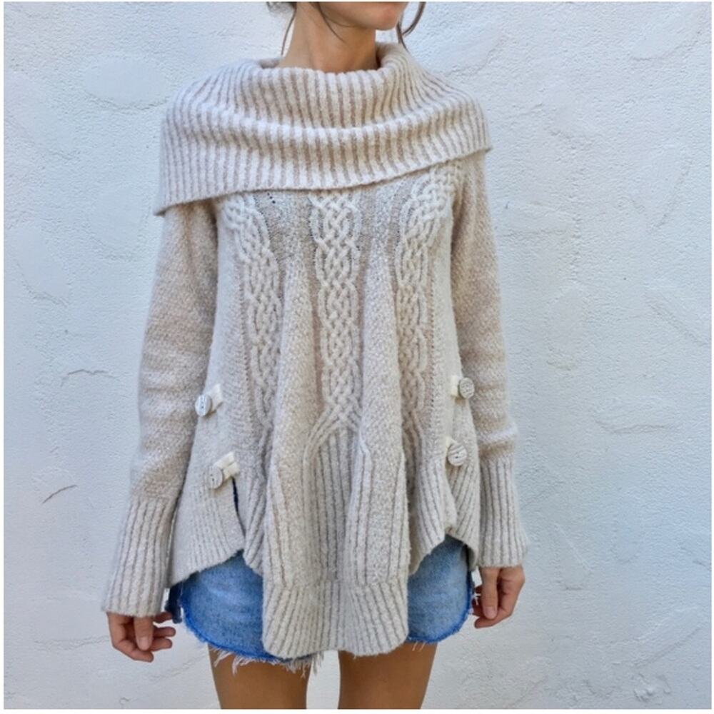 Anthropologie Angel Of The North Cowl Neck Cable Knit Cream Wool Sweater XS